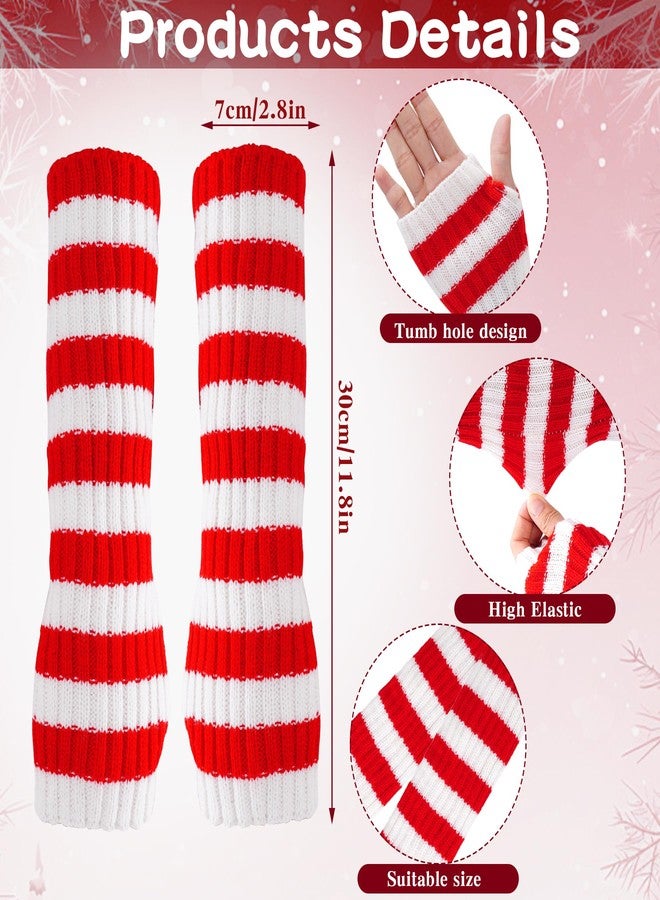 phnydreg 3Pairs Christmas Striped Arm Warmers Long Fingerless Gloves Knitted Striped Arm Sleeves for for Christmas Women Girls Costume - Image 3